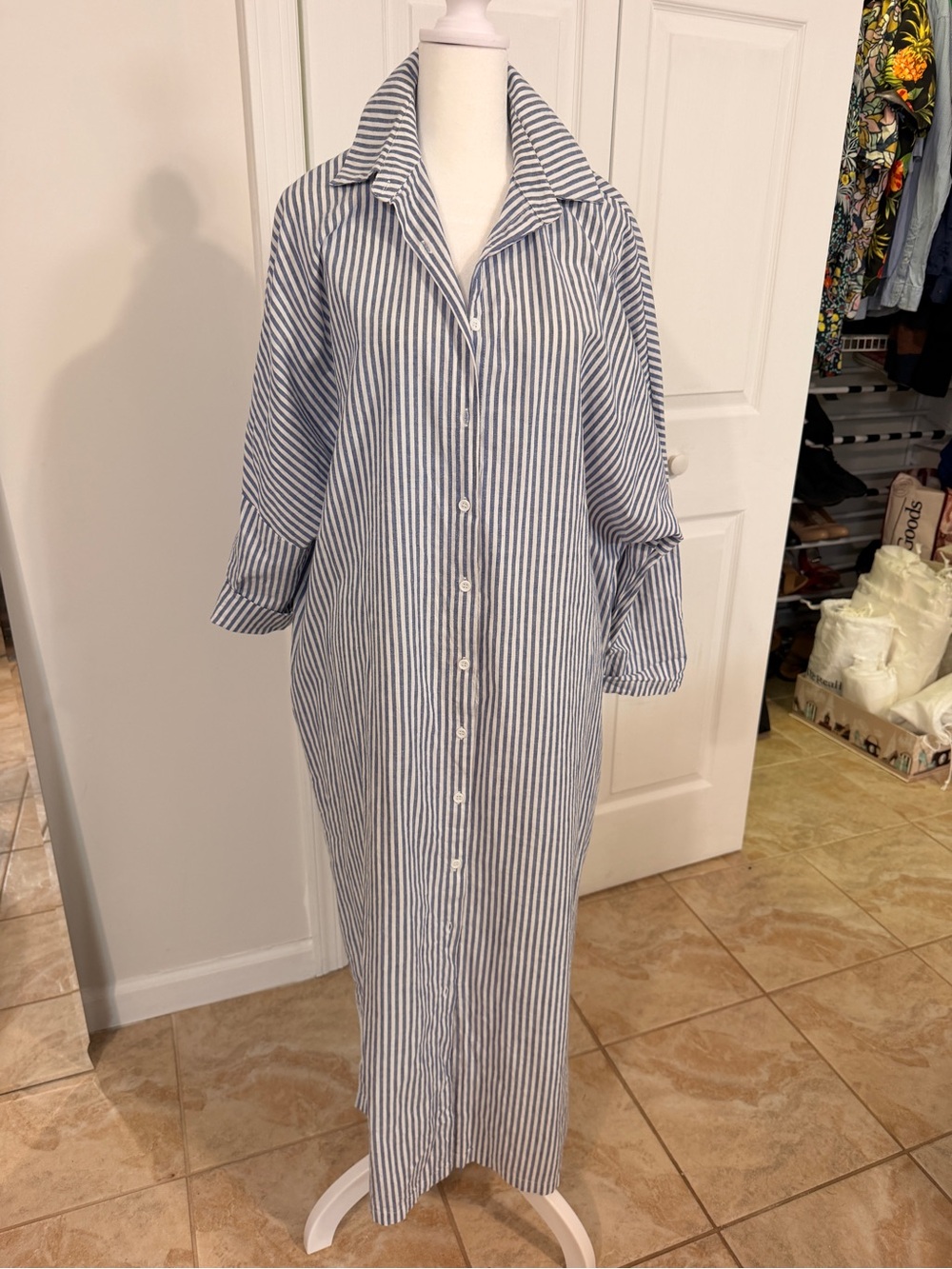 Striped Button-Down Maxi Shirt Dress in Blue and White